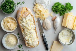 An overhead shot of a wooden cutting board featuring ingredients 