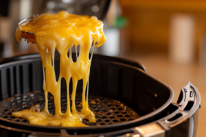 cheese dripping through the holes of an air fryer basket 