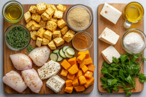 Arrange the ingredients neatly on a wooden